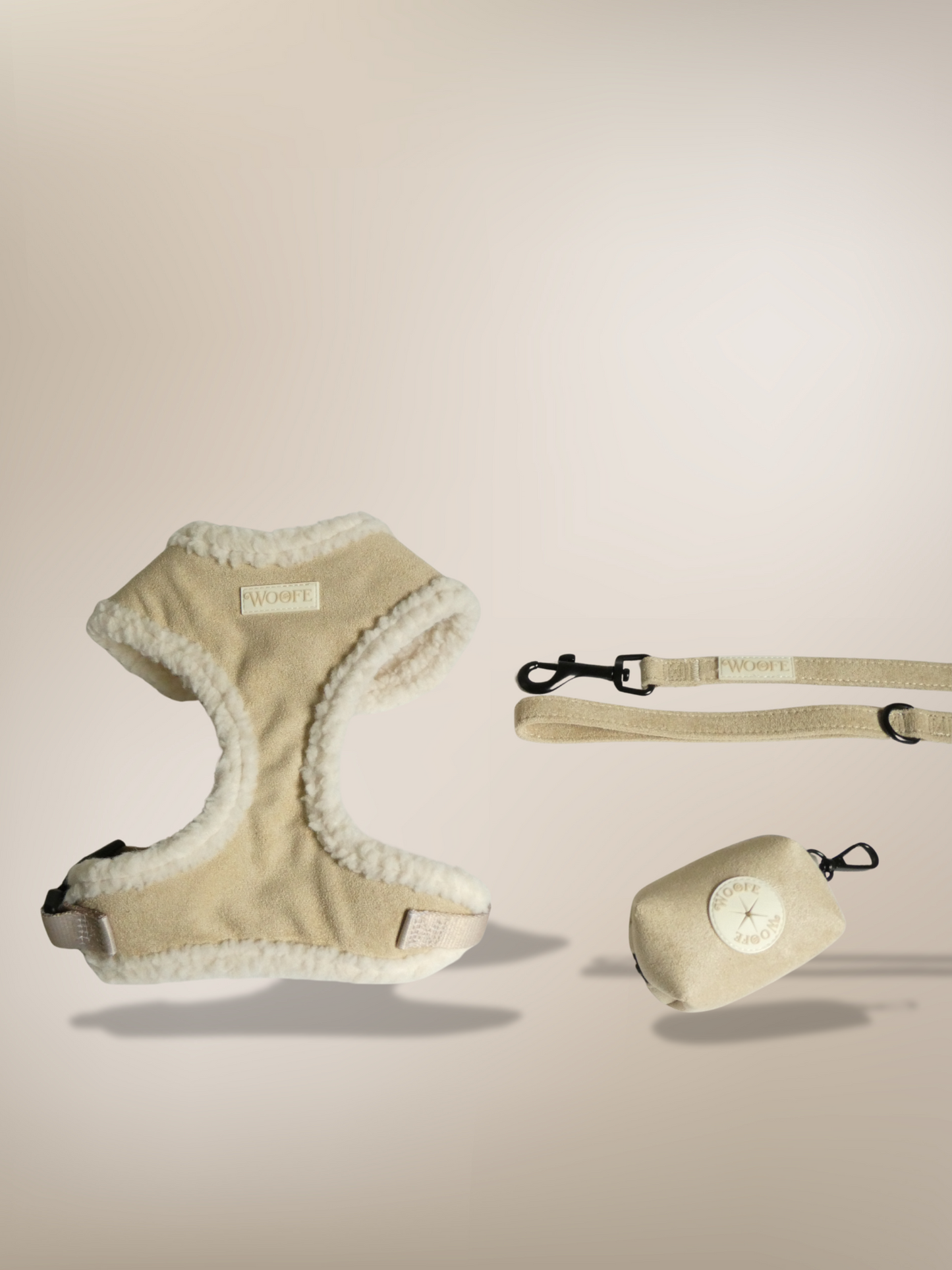 Beige Fur Harness & Leash with Free Waste Bag Holder