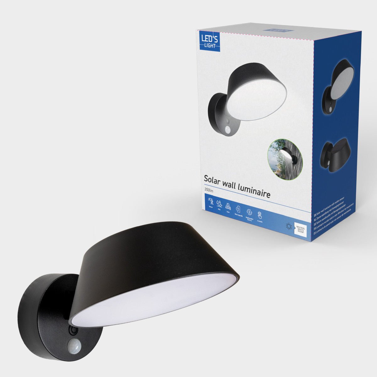 Solar Wandlamp Buitenlamp met Bewegingssensor - 350lm - 4000K - Zwart - IP54 - Sensor
